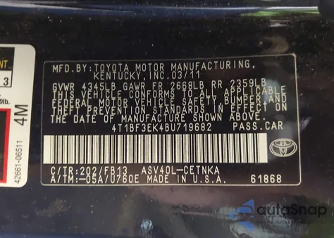 2011 Toyota Camry Le z USA, uszkodzony, nr VIN 4T1BF3EK4BU719682